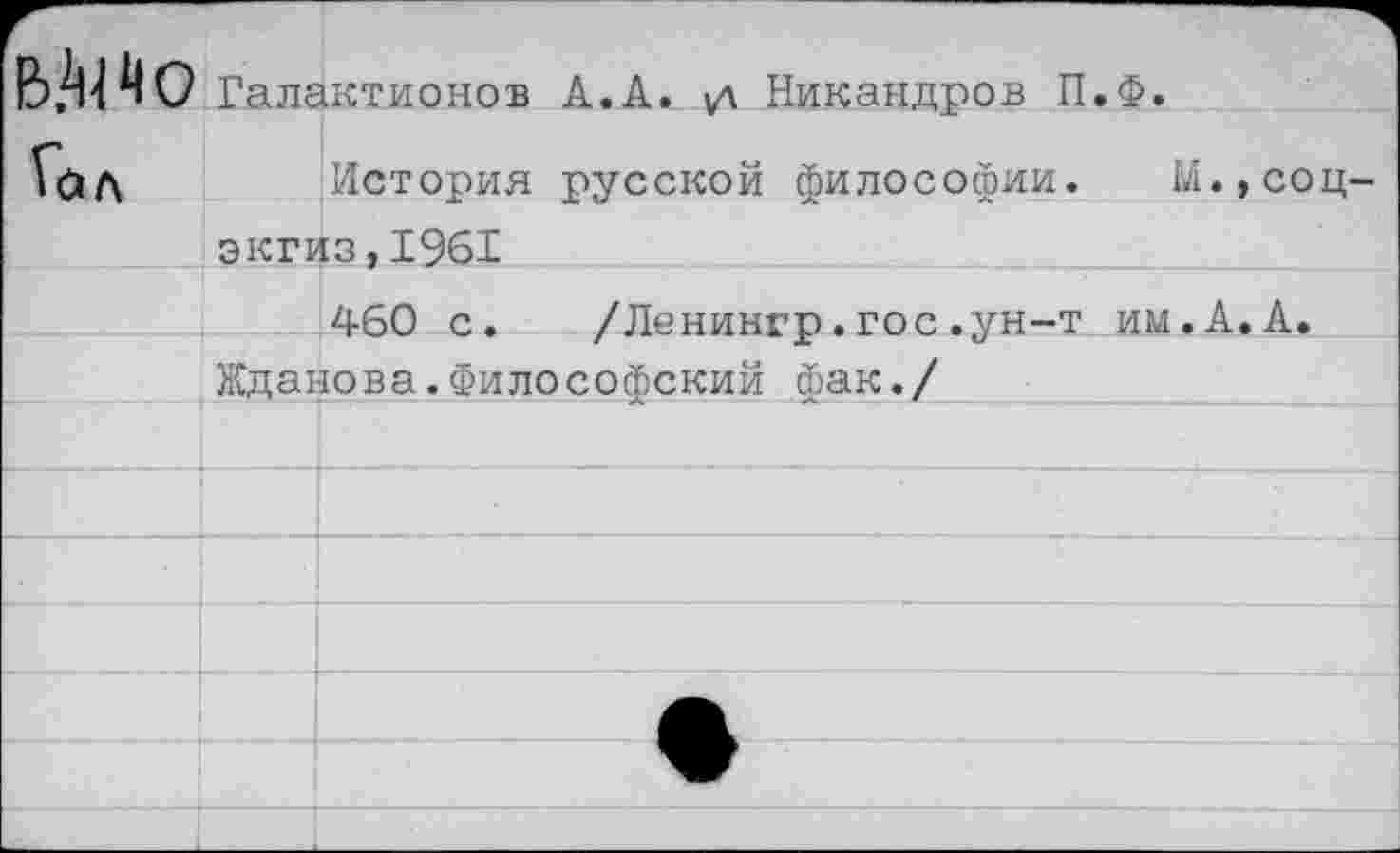 ﻿В.^О Гол	Галактионов А.А. Никандров П.Ф. История русской философии. М.,соц-	
	экгиз.1961	
		460 с. /Ленингп.гос.ун-т им.А.А.
	Жданова.Философский фак./	
		
		
		
		
		
		
		